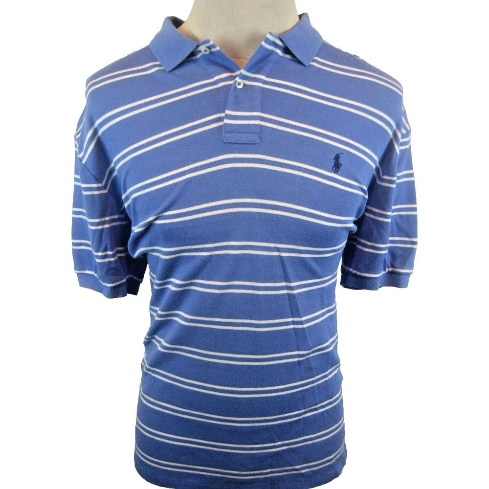 Mens Polo Ralph Lauren Blue Stripe SS Cotton Polo Golf Casual Shirt sz Lg